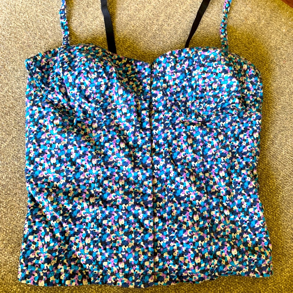 XS Black Poppy purple blue and white Corset-style crop top